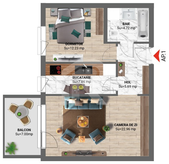 Apartament 2 camere – Greenfield Băneasa, 60,3 m², Loc de Parcare inclus in pret